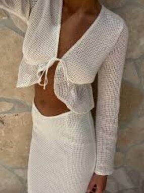 Sabo Cropped Tie-Front Open Weave Eclipse Frill Top XS